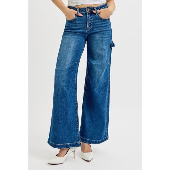 RISEN High Rise Patch Detailed Zipper Fly Stretch Dark Wash Wide Leg Denim Jeans - Picture 4 of 8